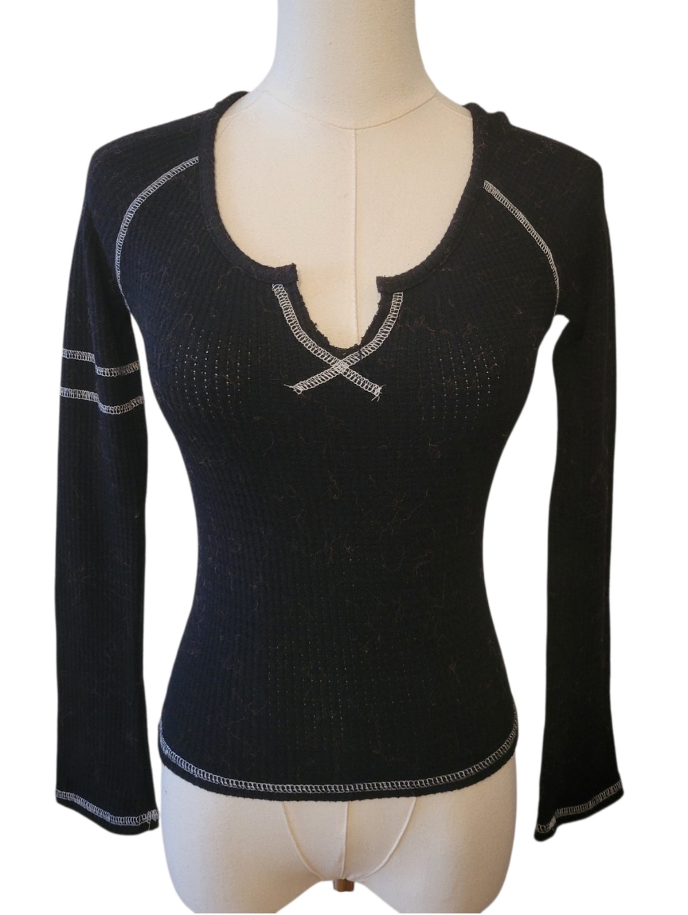Revolve Chaser‎ Black Waffle Weave Henley Pullover Top Size XS